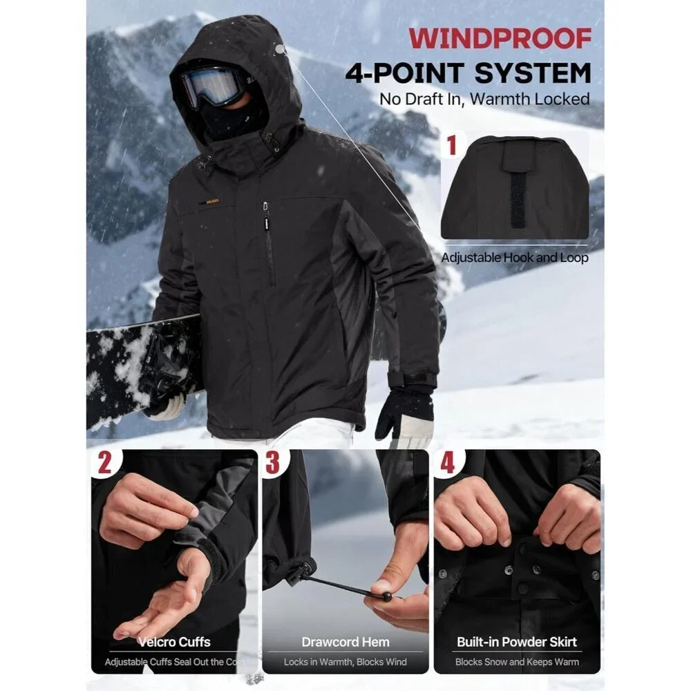 Men's Black Gray Waterproof Ski Snow Jacket Fleece Lined Warm Winter Rain Jacket